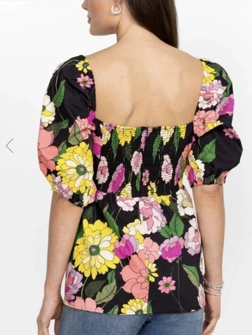 Johnny Was Jade Top Puff Sleeve Colorful Floral Peplum Smocked Size Small